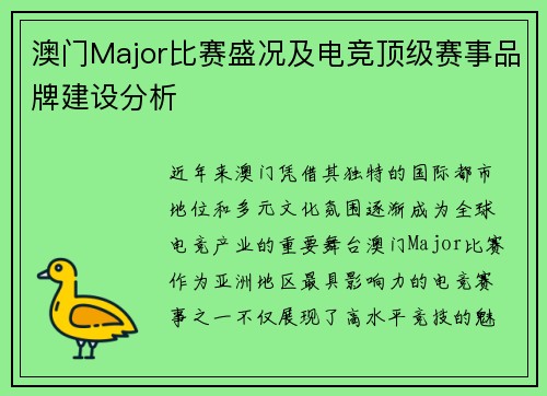澳门Major比赛盛况及电竞顶级赛事品牌建设分析