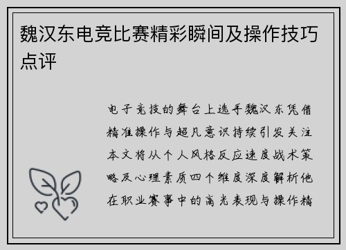 魏汉东电竞比赛精彩瞬间及操作技巧点评