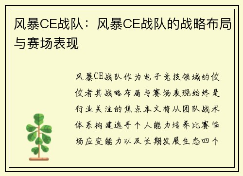 风暴CE战队：风暴CE战队的战略布局与赛场表现