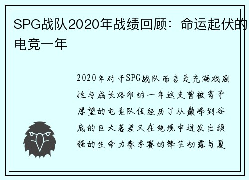 SPG战队2020年战绩回顾：命运起伏的电竞一年