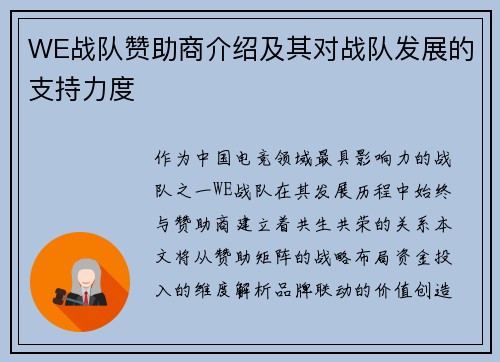 WE战队赞助商介绍及其对战队发展的支持力度